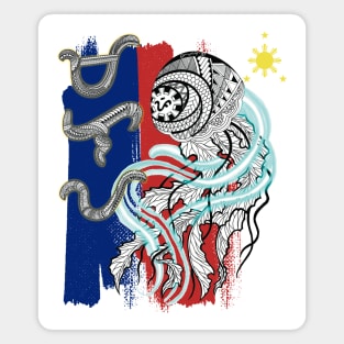 Philippine Flag-Tribal line Art Jellyfish / Baybayin word Malaya (Freely) Magnet